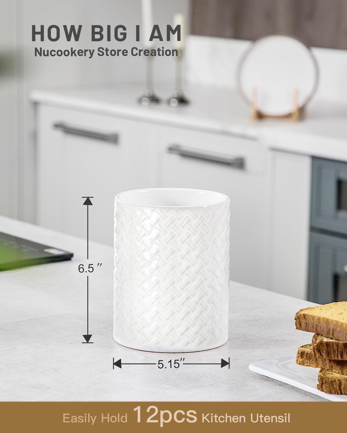 6.4'' Utensil Holder - Ceramic Utensil Holder for Kitchen Counter, Large Capacity Countertop Storage, Farmhouse Style Utensil Crock Organizer for Spoons, Spatulas & Cooking Tools