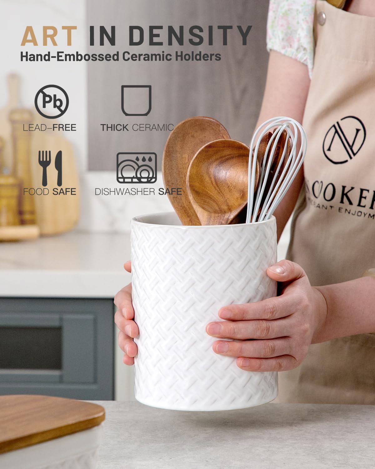 6.4'' Utensil Holder - Ceramic Utensil Holder for Kitchen Counter, Large Capacity Countertop Storage, Farmhouse Style Utensil Crock Organizer for Spoons, Spatulas & Cooking Tools