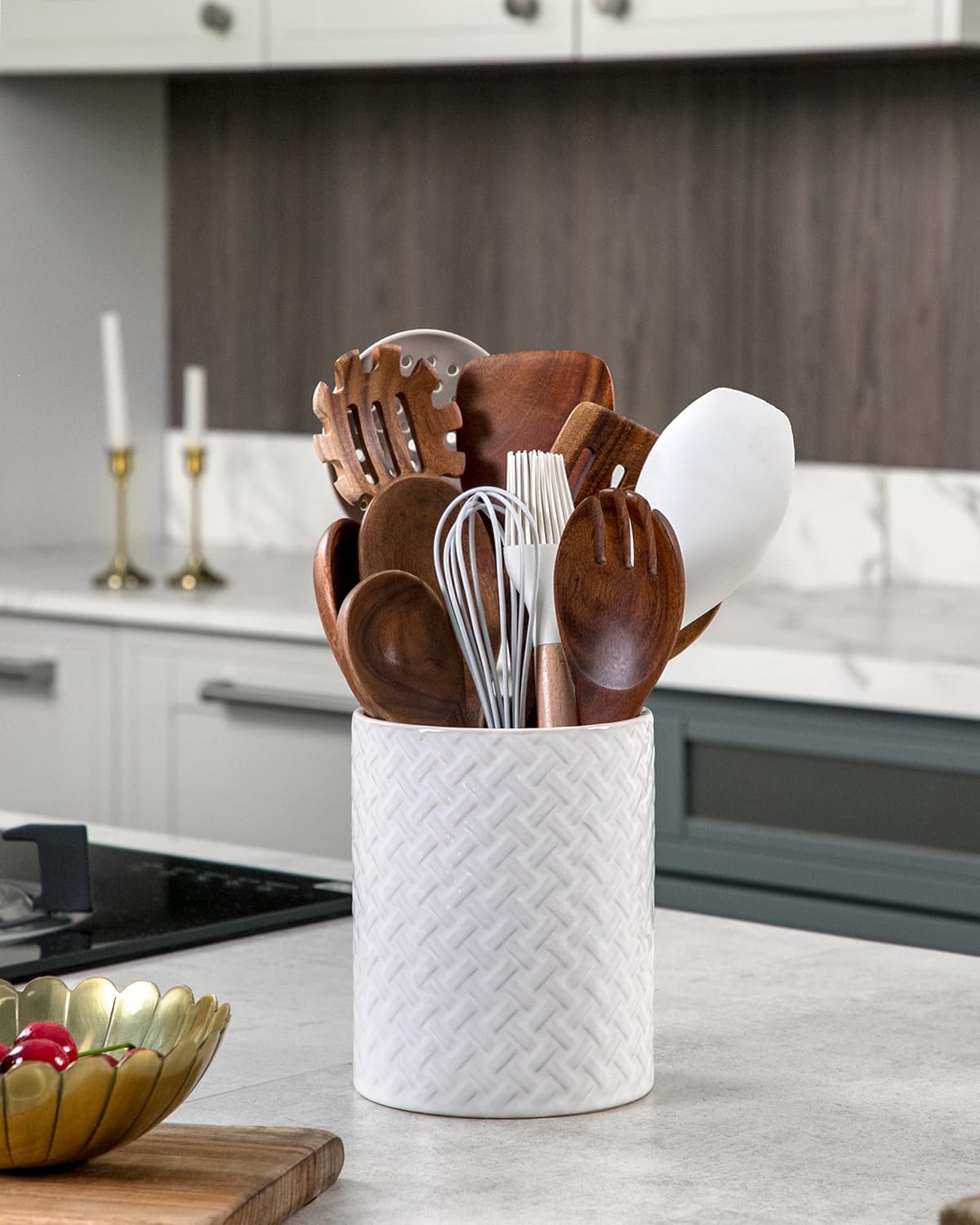 6.4'' Utensil Holder - Ceramic Utensil Holder for Kitchen Counter, Large Capacity Countertop Storage, Farmhouse Style Utensil Crock Organizer for Spoons, Spatulas & Cooking Tools