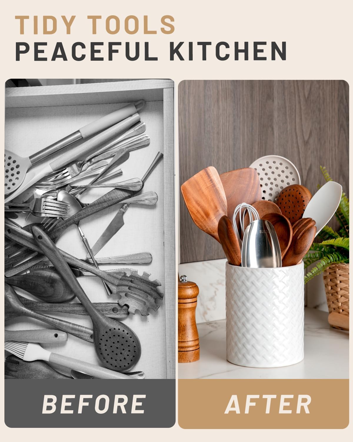 6.4'' Utensil Holder - Ceramic Utensil Holder for Kitchen Counter, Large Capacity Countertop Storage, Farmhouse Style Utensil Crock Organizer for Spoons, Spatulas & Cooking Tools
