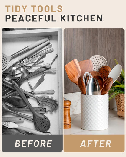 6.4'' Utensil Holder - Ceramic Utensil Holder for Kitchen Counter, Large Capacity Countertop Storage, Farmhouse Style Utensil Crock Organizer for Spoons, Spatulas & Cooking Tools