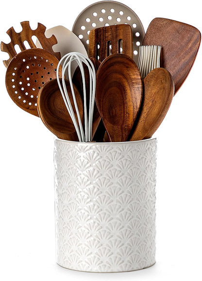 6.4'' Utensil Holder - Ceramic Utensil Holder for Kitchen Counter, Large Capacity Countertop Storage, Farmhouse Style Utensil Crock Organizer for Spoons, Spatulas & Cooking Tools