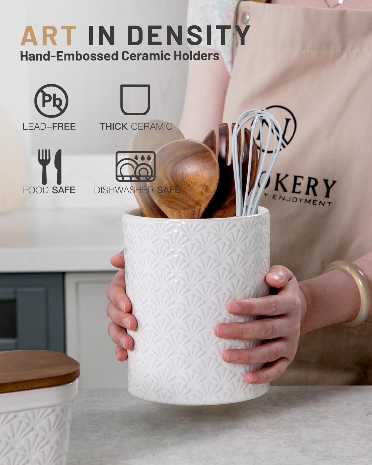 6.4'' Utensil Holder - Ceramic Utensil Holder for Kitchen Counter, Large Capacity Countertop Storage, Farmhouse Style Utensil Crock Organizer for Spoons, Spatulas & Cooking Tools