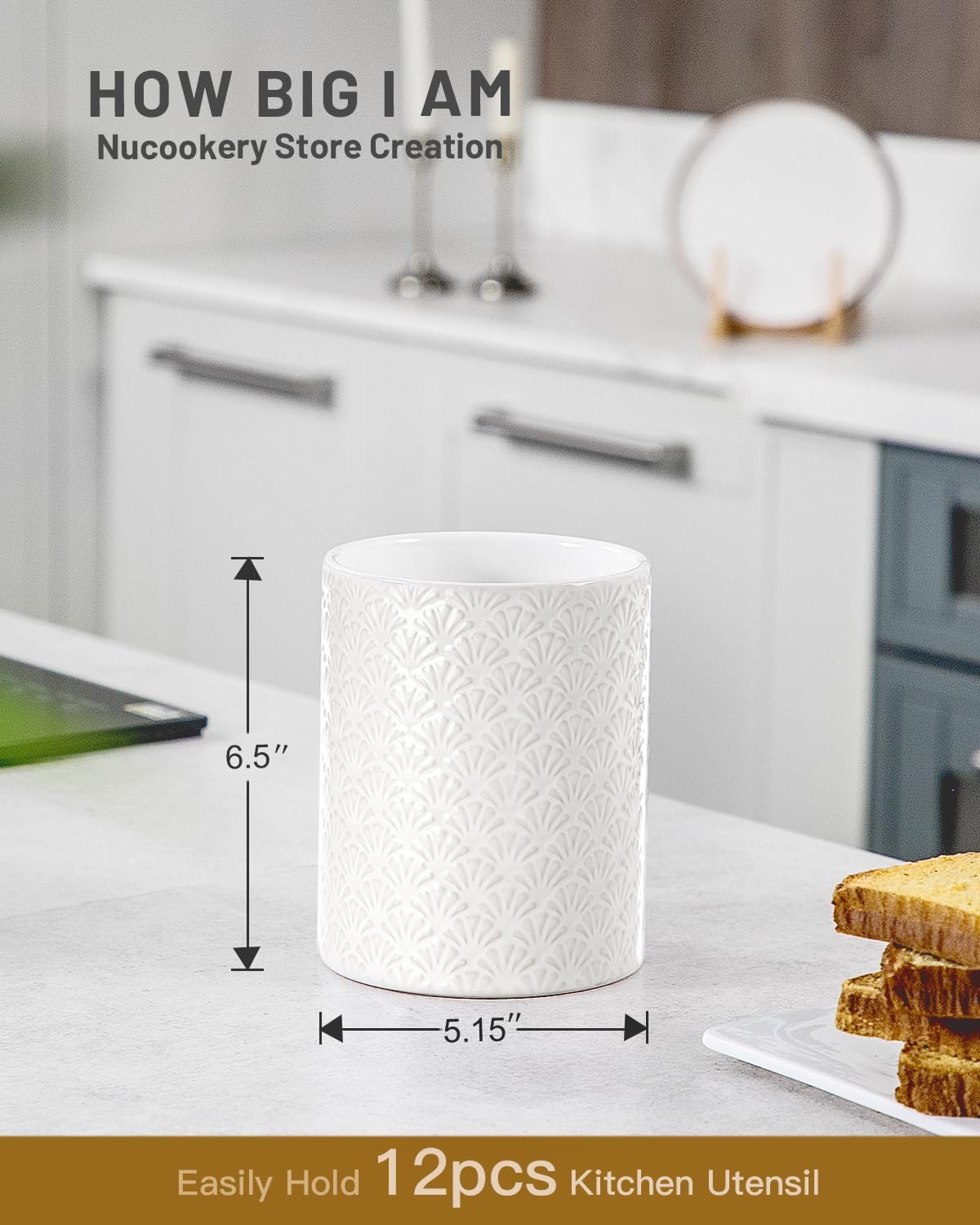 6.4'' Utensil Holder - Ceramic Utensil Holder for Kitchen Counter, Large Capacity Countertop Storage, Farmhouse Style Utensil Crock Organizer for Spoons, Spatulas & Cooking Tools