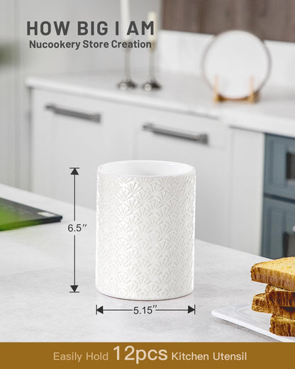 6.4'' Utensil Holder - Ceramic Utensil Holder for Kitchen Counter, Large Capacity Countertop Storage, Farmhouse Style Utensil Crock Organizer for Spoons, Spatulas & Cooking Tools