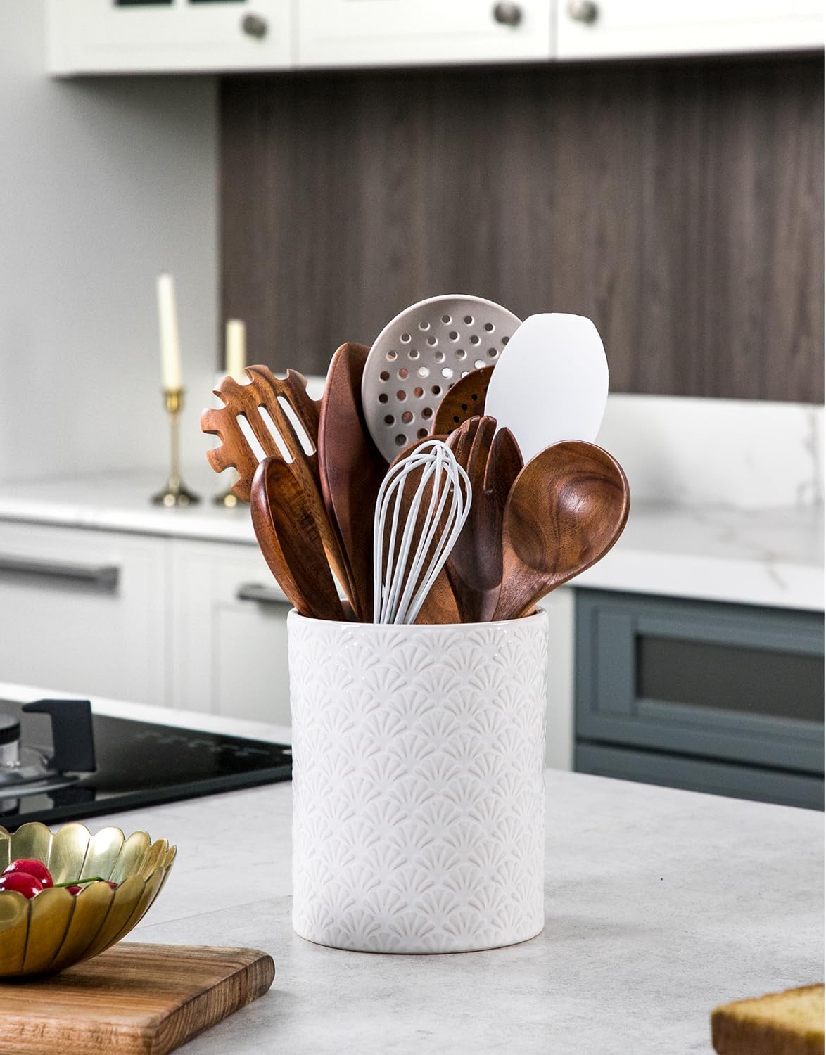 6.4'' Utensil Holder - Ceramic Utensil Holder for Kitchen Counter, Large Capacity Countertop Storage, Farmhouse Style Utensil Crock Organizer for Spoons, Spatulas & Cooking Tools