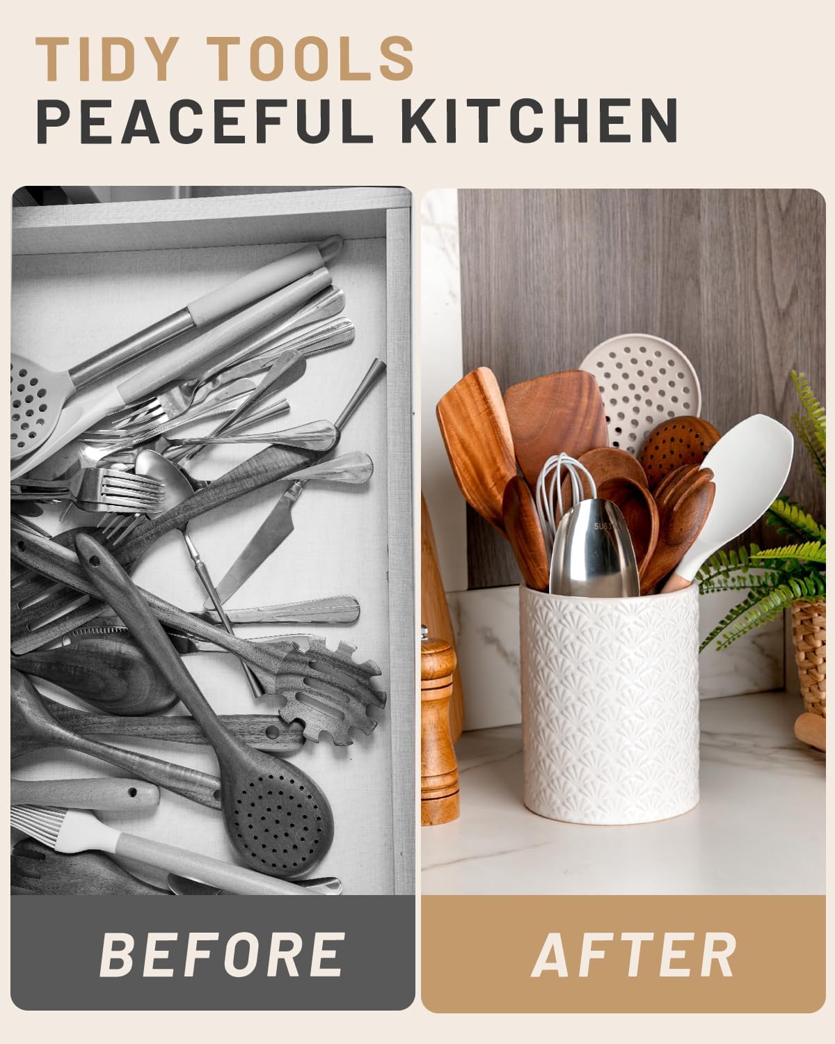 6.4'' Utensil Holder - Ceramic Utensil Holder for Kitchen Counter, Large Capacity Countertop Storage, Farmhouse Style Utensil Crock Organizer for Spoons, Spatulas & Cooking Tools