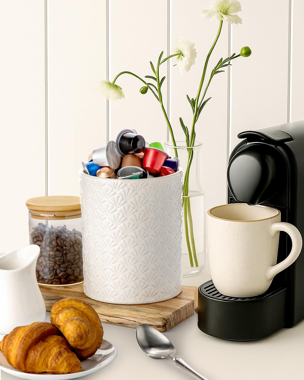 6.4'' Utensil Holder - Ceramic Utensil Holder for Kitchen Counter, Large Capacity Countertop Storage, Farmhouse Style Utensil Crock Organizer for Spoons, Spatulas & Cooking Tools
