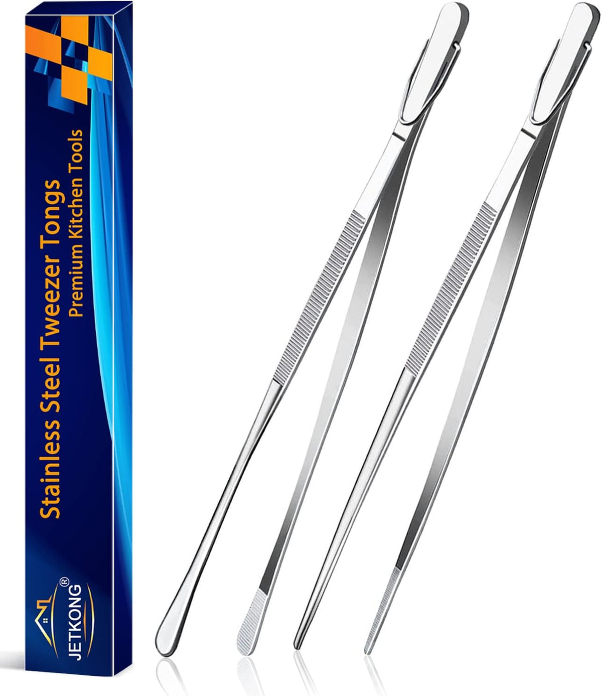 2 Pcs 12-Inch Kitchen Tweezers Fine Tweezer Tongs, Extra-Long Stainless Steel Cooking Tweezers (Silver)