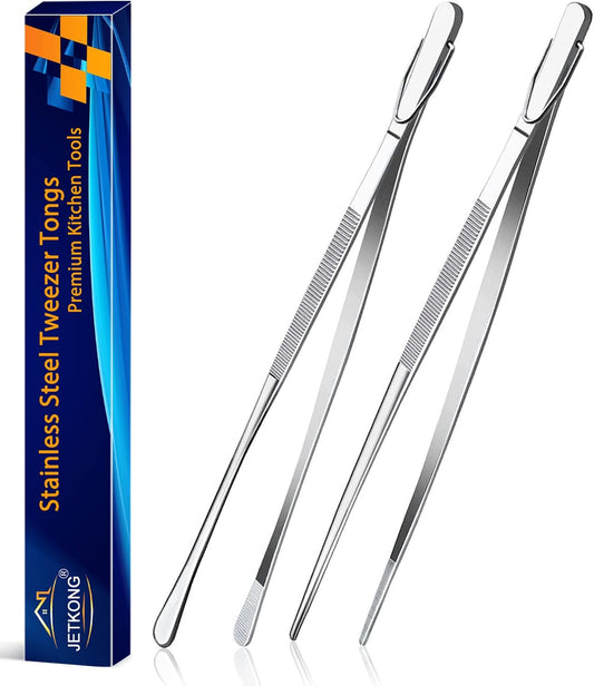 2 Pcs 12-Inch Kitchen Tweezers Fine Tweezer Tongs, Extra-Long Stainless Steel Cooking Tweezers (Silver)