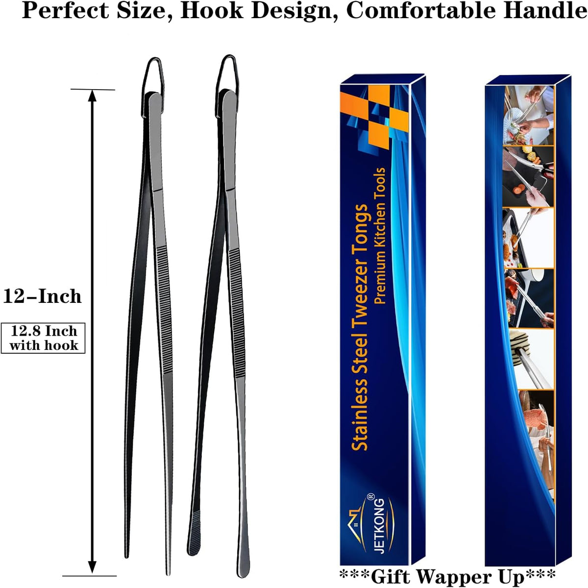 2 Pcs 12-Inch Kitchen Tweezers Fine Tweezer Tongs, Extra-Long Stainless Steel Cooking Tweezers (Silver)