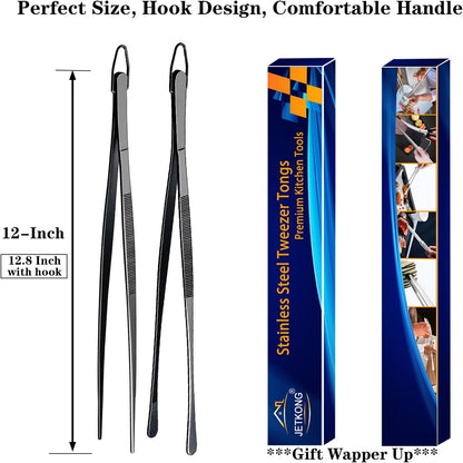 2 Pcs 12-Inch Kitchen Tweezers Fine Tweezer Tongs, Extra-Long Stainless Steel Cooking Tweezers (Silver)