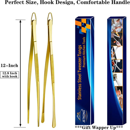 2 Pcs 12-Inch Kitchen Tweezers Fine Tweezer Tongs, Extra-Long Stainless Steel Cooking Tweezers (Silver)