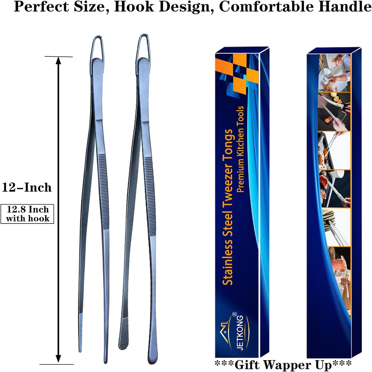 2 Pcs 12-Inch Kitchen Tweezers Fine Tweezer Tongs, Extra-Long Stainless Steel Cooking Tweezers (Silver)