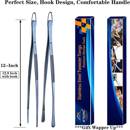 2 Pcs 12-Inch Kitchen Tweezers Fine Tweezer Tongs, Extra-Long Stainless Steel Cooking Tweezers (Silver)