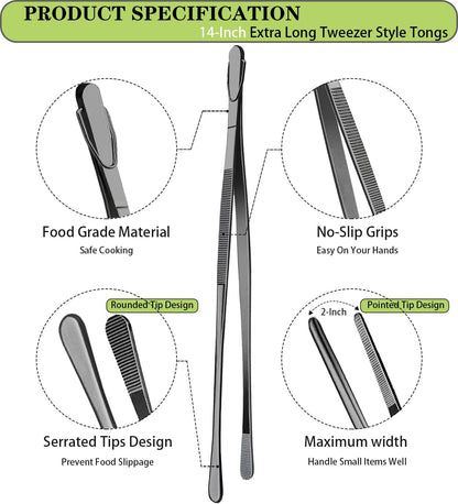 2 Pcs 12-Inch Kitchen Tweezers Fine Tweezer Tongs, Extra-Long Stainless Steel Cooking Tweezers (Silver)