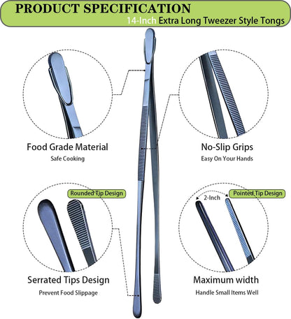 2 Pcs 12-Inch Kitchen Tweezers Fine Tweezer Tongs, Extra-Long Stainless Steel Cooking Tweezers (Silver)