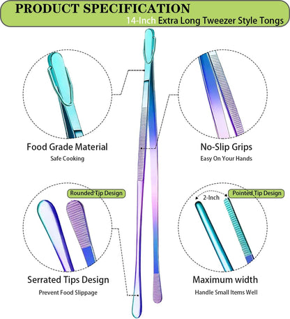 2 Pcs 12-Inch Kitchen Tweezers Fine Tweezer Tongs, Extra-Long Stainless Steel Cooking Tweezers (Silver)