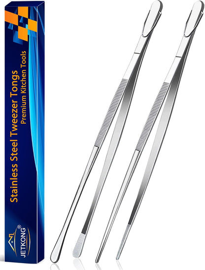 2 Pcs 12-Inch Kitchen Tweezers Fine Tweezer Tongs, Extra-Long Stainless Steel Cooking Tweezers (Silver)