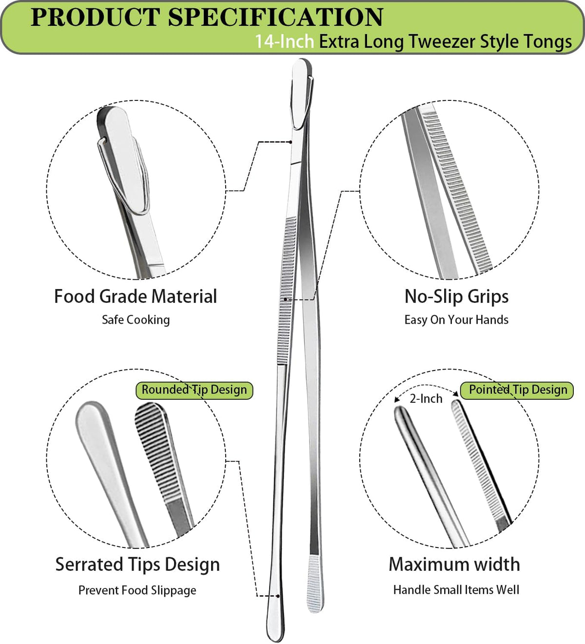 2 Pcs 12-Inch Kitchen Tweezers Fine Tweezer Tongs, Extra-Long Stainless Steel Cooking Tweezers (Silver)