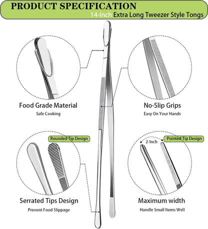 2 Pcs 12-Inch Kitchen Tweezers Fine Tweezer Tongs, Extra-Long Stainless Steel Cooking Tweezers (Silver)
