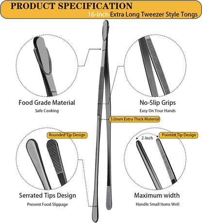 2 Pcs 12-Inch Kitchen Tweezers Fine Tweezer Tongs, Extra-Long Stainless Steel Cooking Tweezers (Silver)