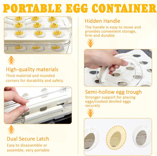Deviled Egg Containers with Lid & Handle (2 Layer Snap-on) PET Thickened Eggs Holder Inc Egg Slicer Kitchen Tongs Silicone Spatula and Piping Decorating Kit,for Festival Party Brunch