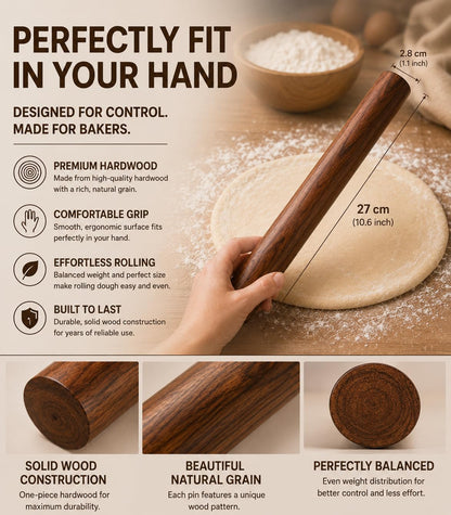 10.6 Inch Straight Rolling Pin – Smooth & Balanced Cute Wooden Dough Roller for Baking and Pastry