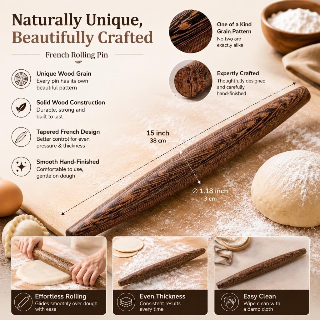 10.6 Inch Straight Rolling Pin – Smooth & Balanced Cute Wooden Dough Roller for Baking and Pastry