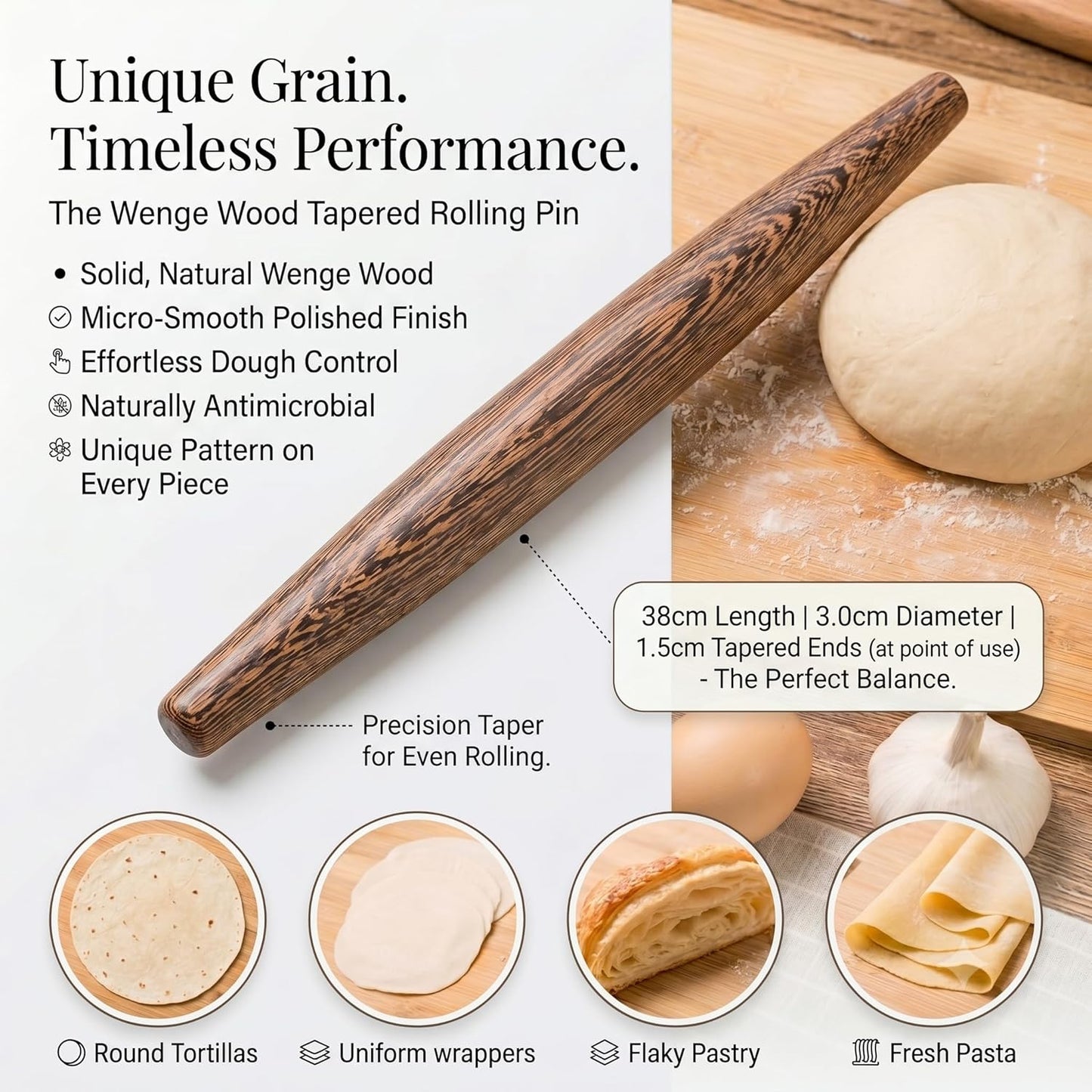 10.6 Inch Straight Rolling Pin – Smooth & Balanced Cute Wooden Dough Roller for Baking and Pastry