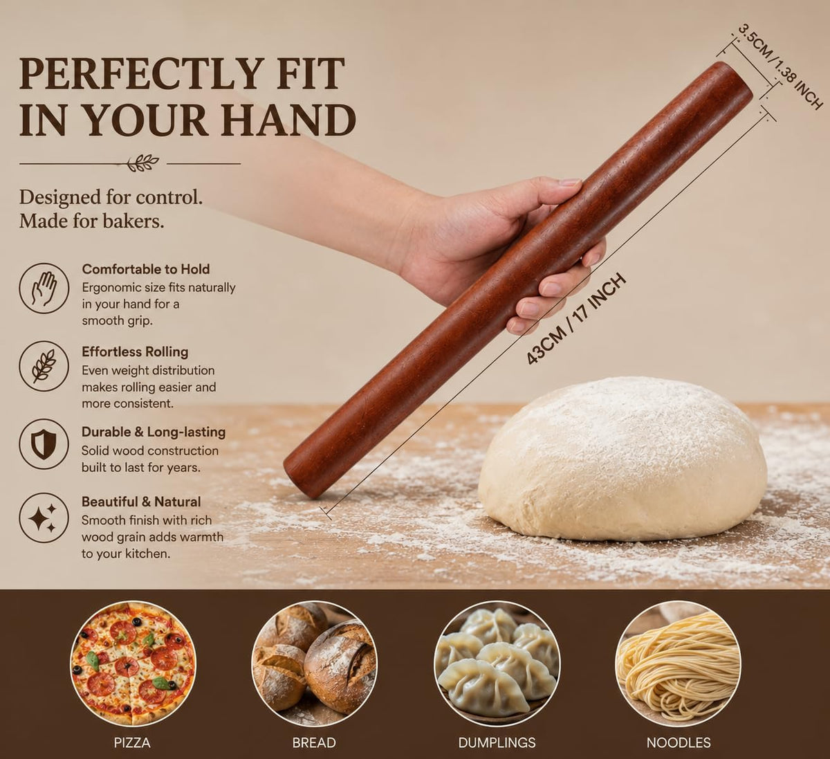 10.6 Inch Straight Rolling Pin – Smooth & Balanced Cute Wooden Dough Roller for Baking and Pastry