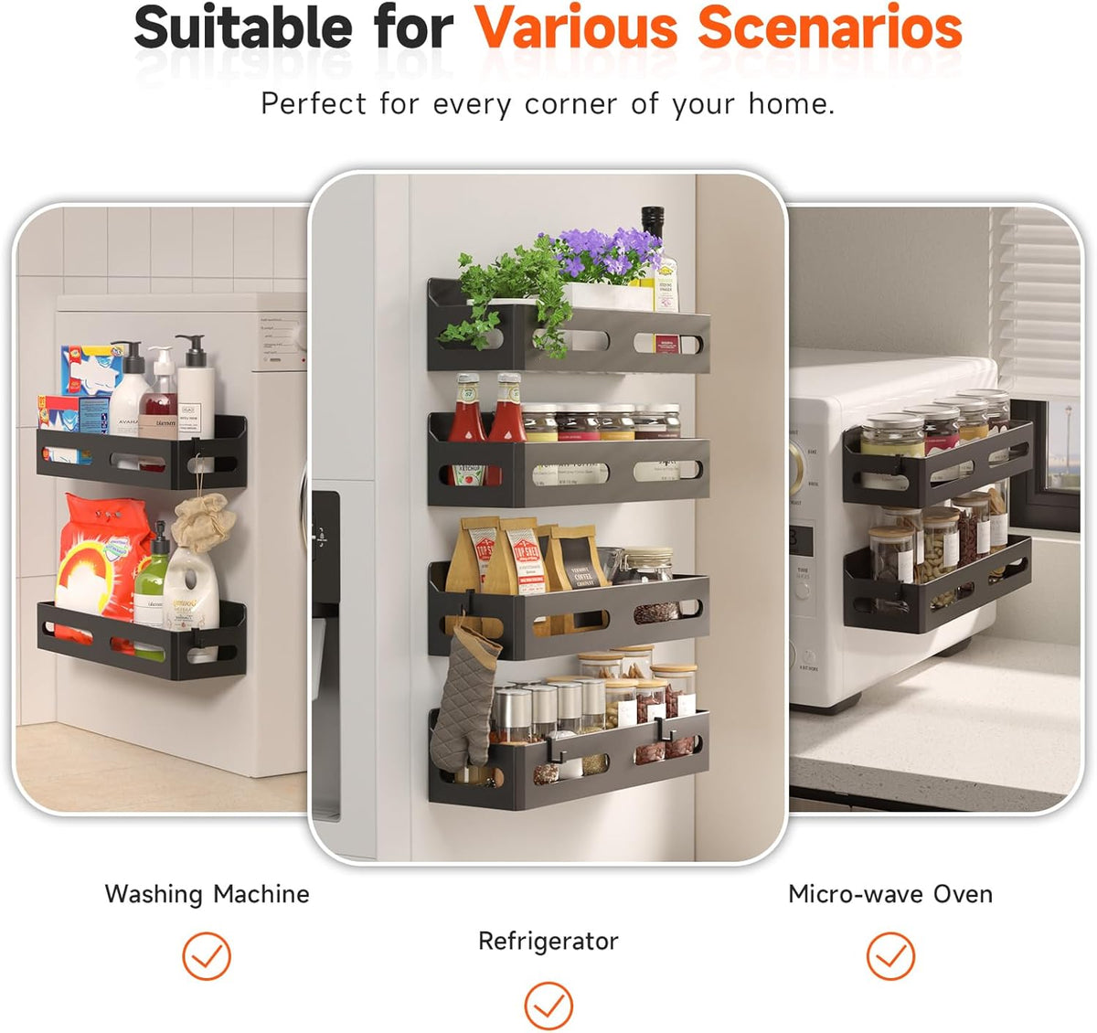 4-Pack Magnetic Spice Rack for Refrigerator with Hooks, Black | Strong multipurpose magnetic shelf for kitchen & bathroom organization. Includes 4 removable hooks for hanging items.
