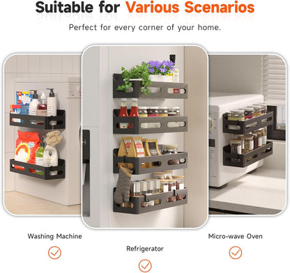 4-Pack Magnetic Spice Rack for Refrigerator with Hooks, Black | Strong multipurpose magnetic shelf for kitchen & bathroom organization. Includes 4 removable hooks for hanging items.