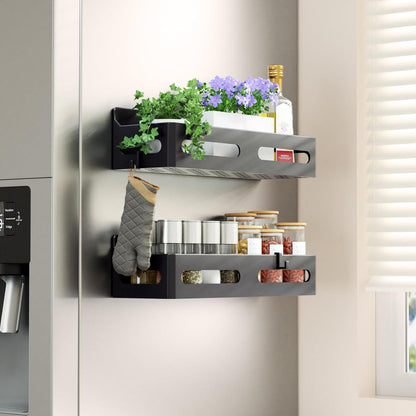 4-Pack Magnetic Spice Rack for Refrigerator with Hooks, Black | Strong multipurpose magnetic shelf for kitchen & bathroom organization. Includes 4 removable hooks for hanging items.