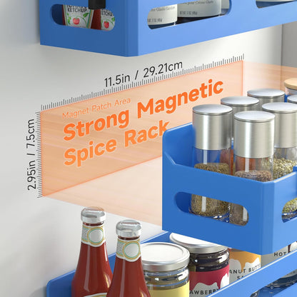 4-Pack Magnetic Spice Rack for Refrigerator with Hooks, Black | Strong multipurpose magnetic shelf for kitchen & bathroom organization. Includes 4 removable hooks for hanging items.