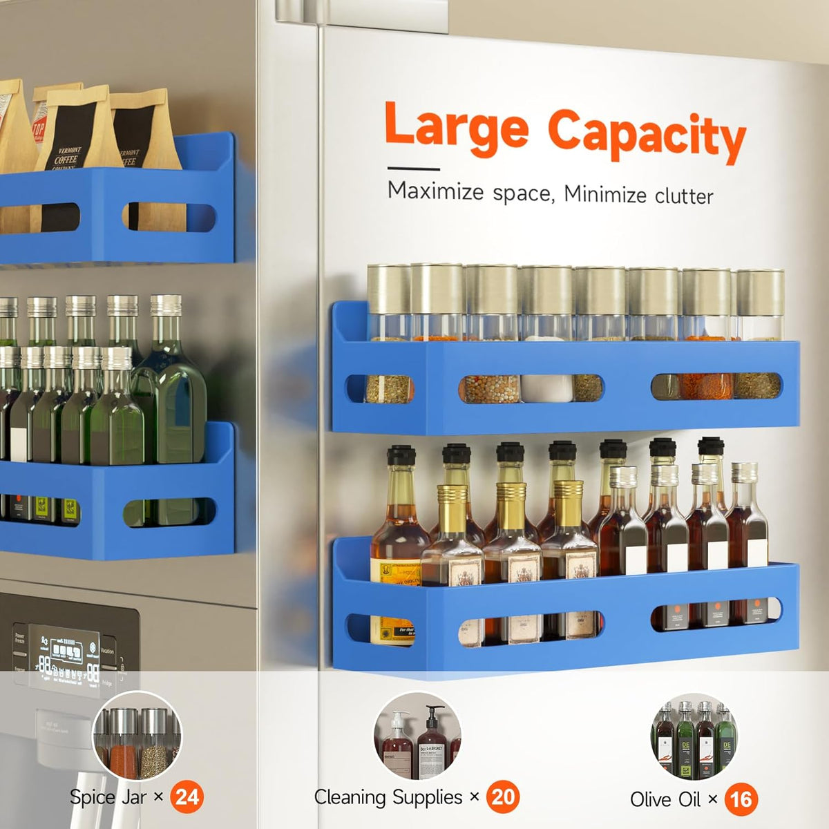 4-Pack Magnetic Spice Rack for Refrigerator with Hooks, Black | Strong multipurpose magnetic shelf for kitchen & bathroom organization. Includes 4 removable hooks for hanging items.