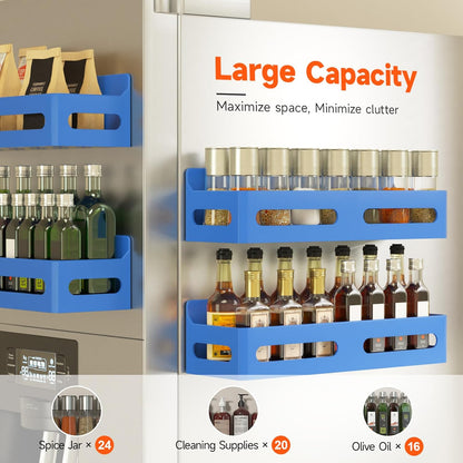 4-Pack Magnetic Spice Rack for Refrigerator with Hooks, Black | Strong multipurpose magnetic shelf for kitchen & bathroom organization. Includes 4 removable hooks for hanging items.