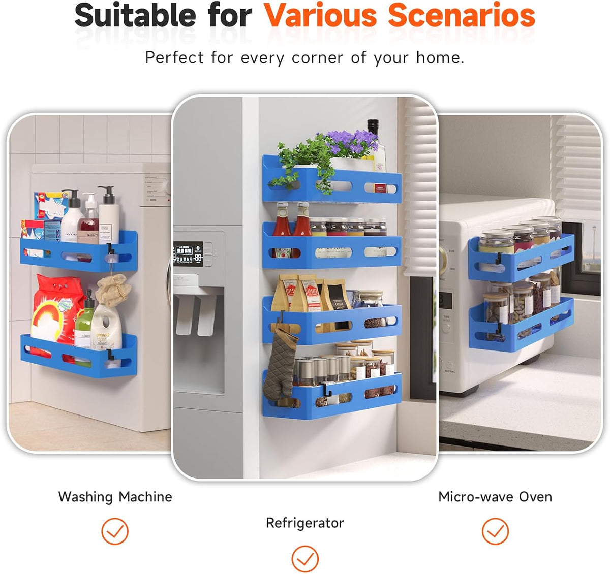 4-Pack Magnetic Spice Rack for Refrigerator with Hooks, Black | Strong multipurpose magnetic shelf for kitchen & bathroom organization. Includes 4 removable hooks for hanging items.
