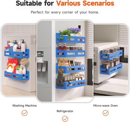 4-Pack Magnetic Spice Rack for Refrigerator with Hooks, Black | Strong multipurpose magnetic shelf for kitchen & bathroom organization. Includes 4 removable hooks for hanging items.