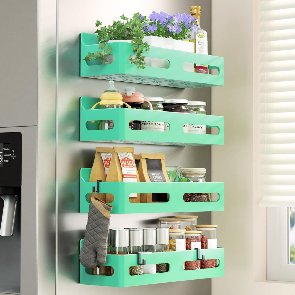 4-Pack Magnetic Spice Rack for Refrigerator with Hooks, Black | Strong multipurpose magnetic shelf for kitchen & bathroom organization. Includes 4 removable hooks for hanging items.