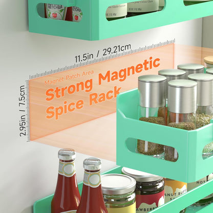 4-Pack Magnetic Spice Rack for Refrigerator with Hooks, Black | Strong multipurpose magnetic shelf for kitchen & bathroom organization. Includes 4 removable hooks for hanging items.