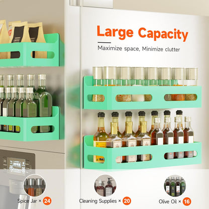 4-Pack Magnetic Spice Rack for Refrigerator with Hooks, Black | Strong multipurpose magnetic shelf for kitchen & bathroom organization. Includes 4 removable hooks for hanging items.