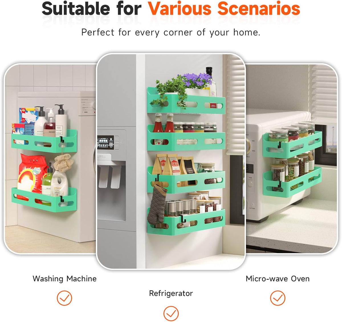 4-Pack Magnetic Spice Rack for Refrigerator with Hooks, Black | Strong multipurpose magnetic shelf for kitchen & bathroom organization. Includes 4 removable hooks for hanging items.