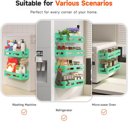4-Pack Magnetic Spice Rack for Refrigerator with Hooks, Black | Strong multipurpose magnetic shelf for kitchen & bathroom organization. Includes 4 removable hooks for hanging items.