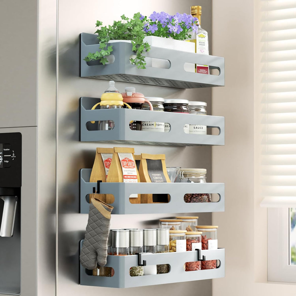 4-Pack Magnetic Spice Rack for Refrigerator with Hooks, Black | Strong multipurpose magnetic shelf for kitchen & bathroom organization. Includes 4 removable hooks for hanging items.