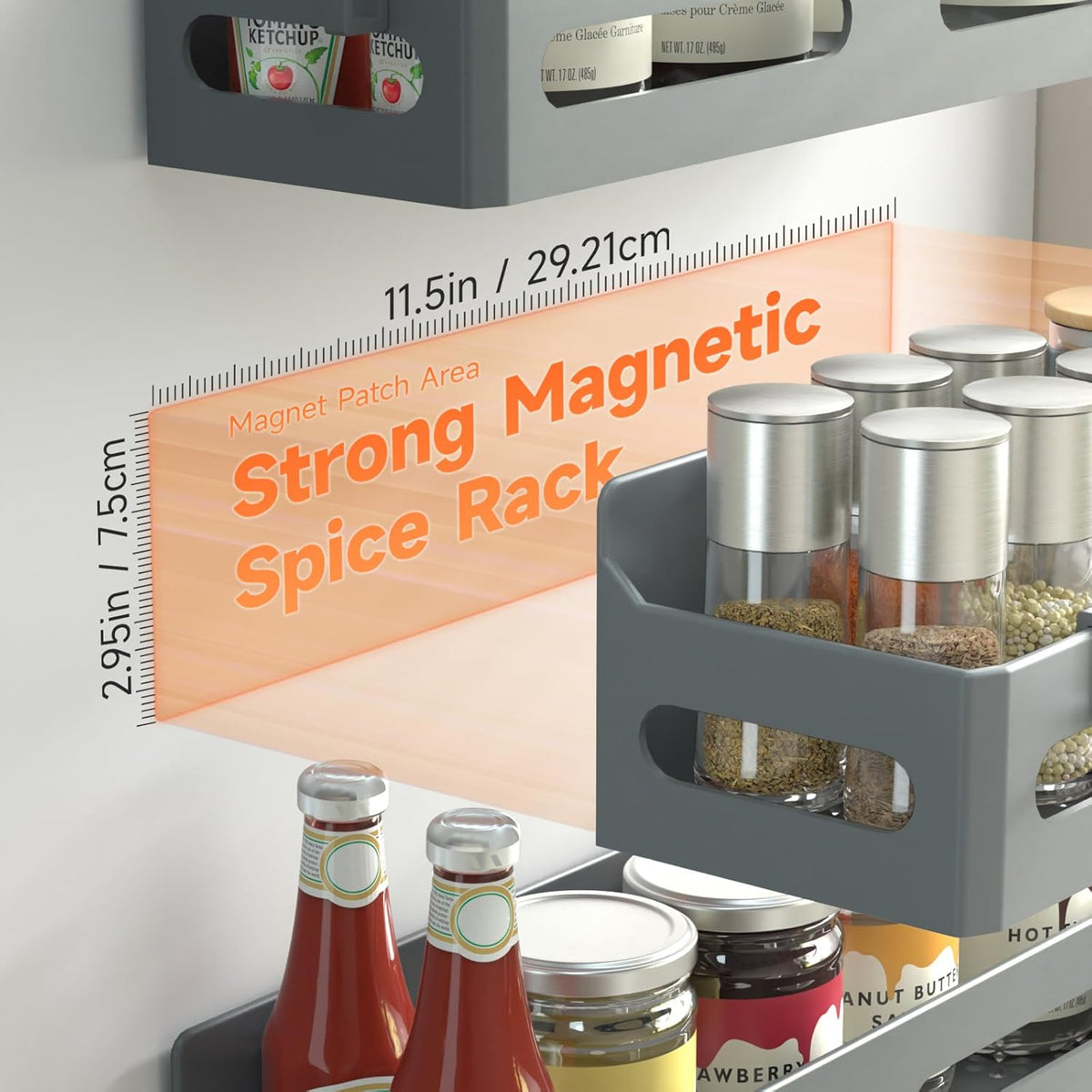 4-Pack Magnetic Spice Rack for Refrigerator with Hooks, Black | Strong multipurpose magnetic shelf for kitchen & bathroom organization. Includes 4 removable hooks for hanging items.