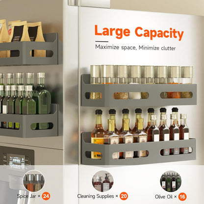 4-Pack Magnetic Spice Rack for Refrigerator with Hooks, Black | Strong multipurpose magnetic shelf for kitchen & bathroom organization. Includes 4 removable hooks for hanging items.