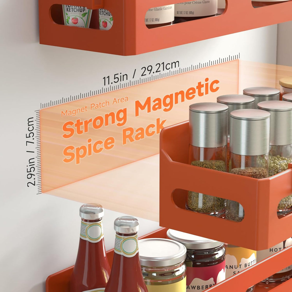 4-Pack Magnetic Spice Rack for Refrigerator with Hooks, Black | Strong multipurpose magnetic shelf for kitchen & bathroom organization. Includes 4 removable hooks for hanging items.