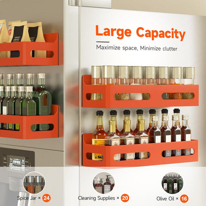 4-Pack Magnetic Spice Rack for Refrigerator with Hooks, Black | Strong multipurpose magnetic shelf for kitchen & bathroom organization. Includes 4 removable hooks for hanging items.