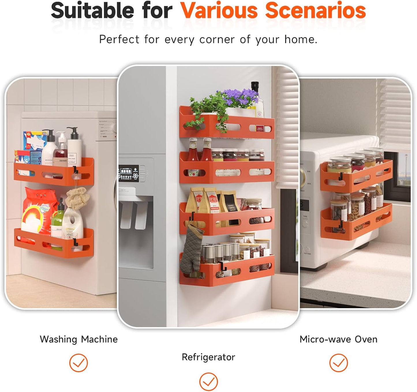 4-Pack Magnetic Spice Rack for Refrigerator with Hooks, Black | Strong multipurpose magnetic shelf for kitchen & bathroom organization. Includes 4 removable hooks for hanging items.